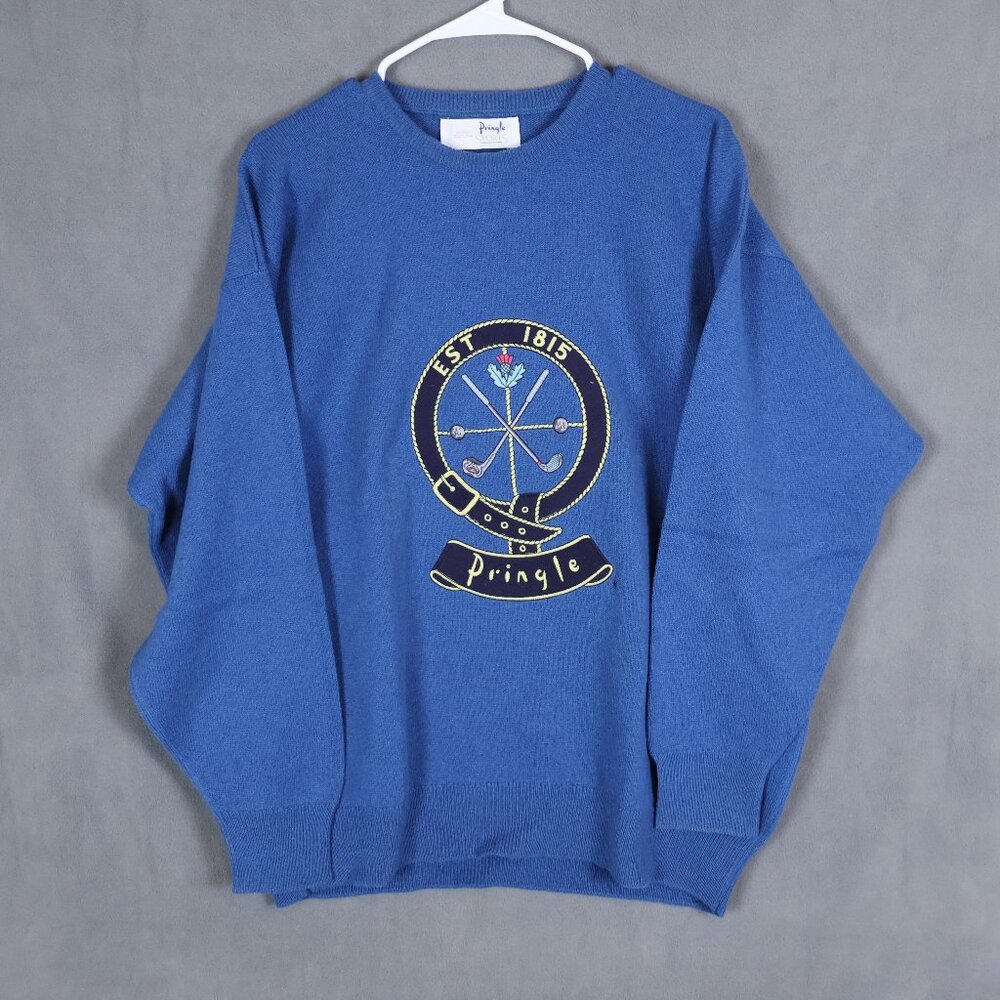 VTG 80s Pringle of Scotland New Wool Sweater Mens XL Blue Golf Crest Embroidered